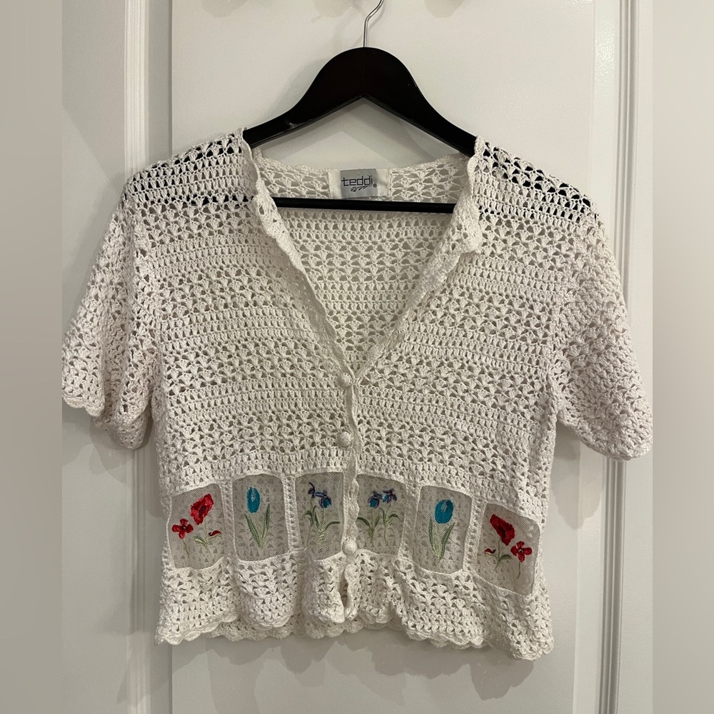 White Crochet Button-Up Top with Floral Embroidery Teddi